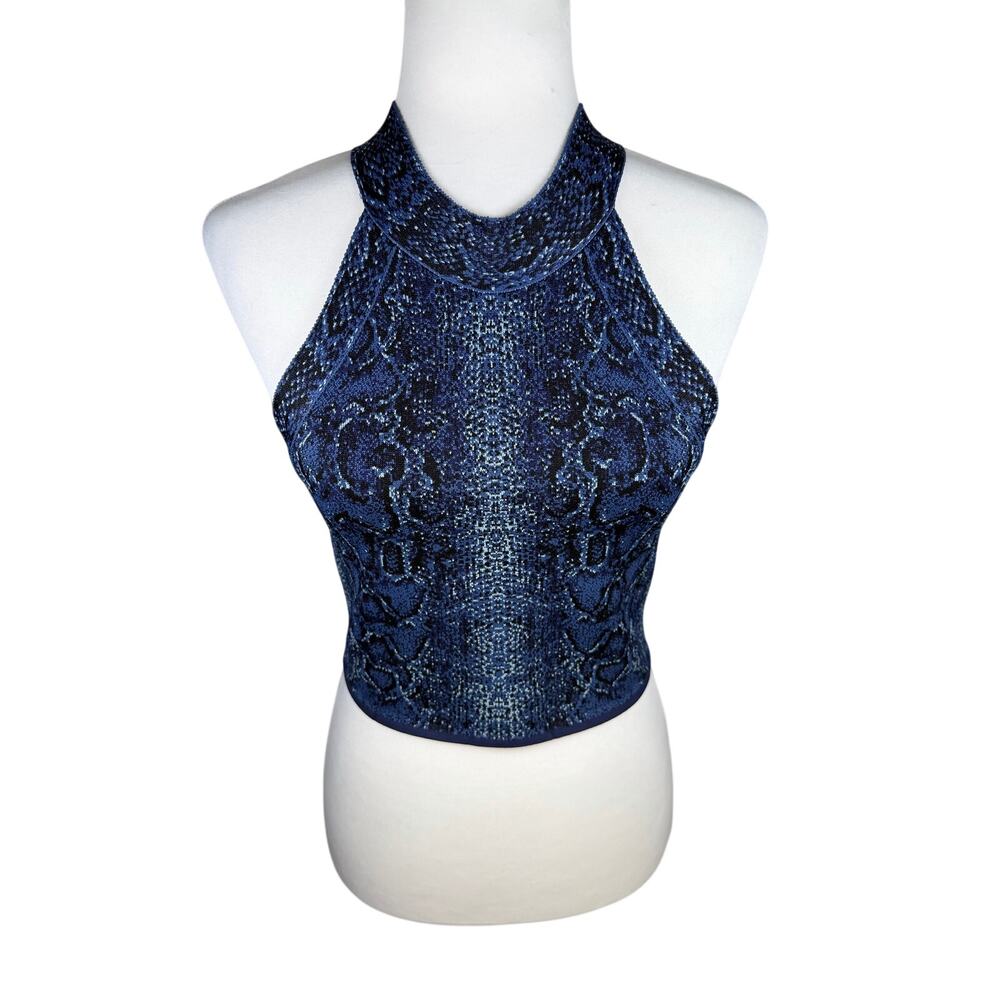BCBGMaxAzria Blue SnakeSkin Print High Neck Stretch Crop Top Small